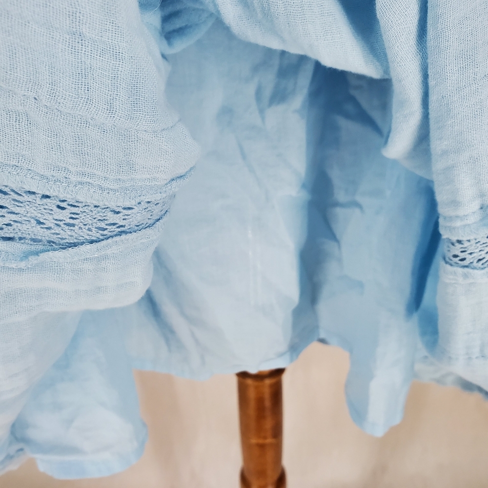 Free People Angele Gauzy Mini Dress Boho Summer Blue Oversized Puff Sleeve XS - Picture 9 of 15